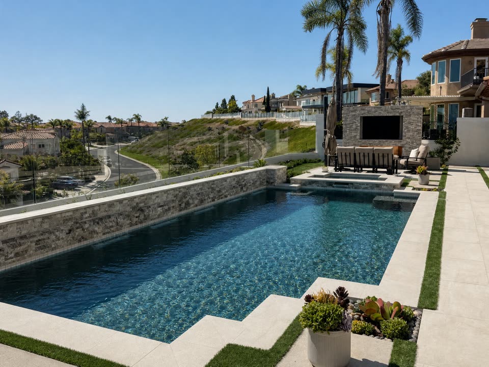 Geometric pool with raised stacked-stone wall, glass fencing and outdoor lounge with TV overlooking the hills in Laguna Niguel, CA