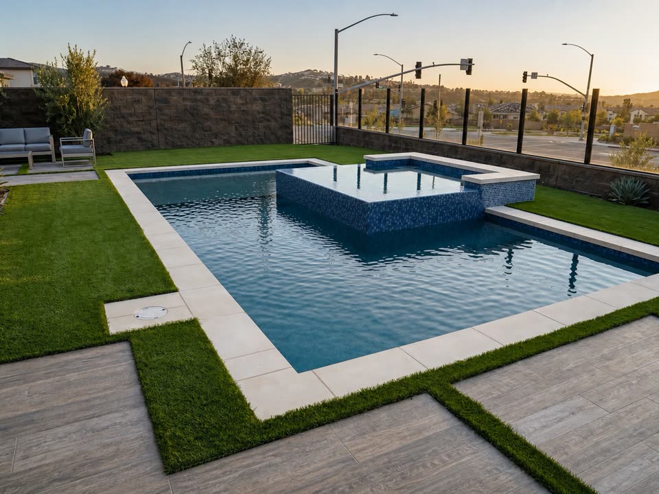 Geometric pool with raised glass-tile spa, turf and paver deck at golden hour in Portola Hills, CA