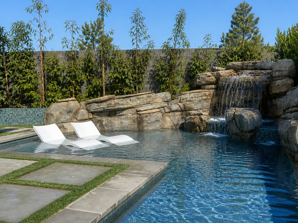 Pool with rock waterfall grotto and in-water loungers on Baja shelf in Rancho Mission Viejo, CA