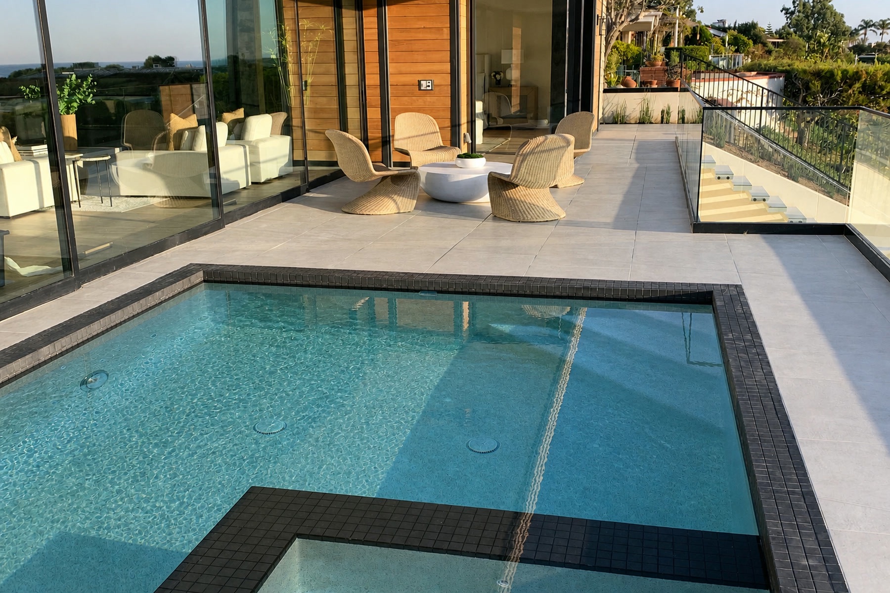 Courtyard pool with charcoal tile trim beside glass-walled living room and terrace in Corona del Mar, CA