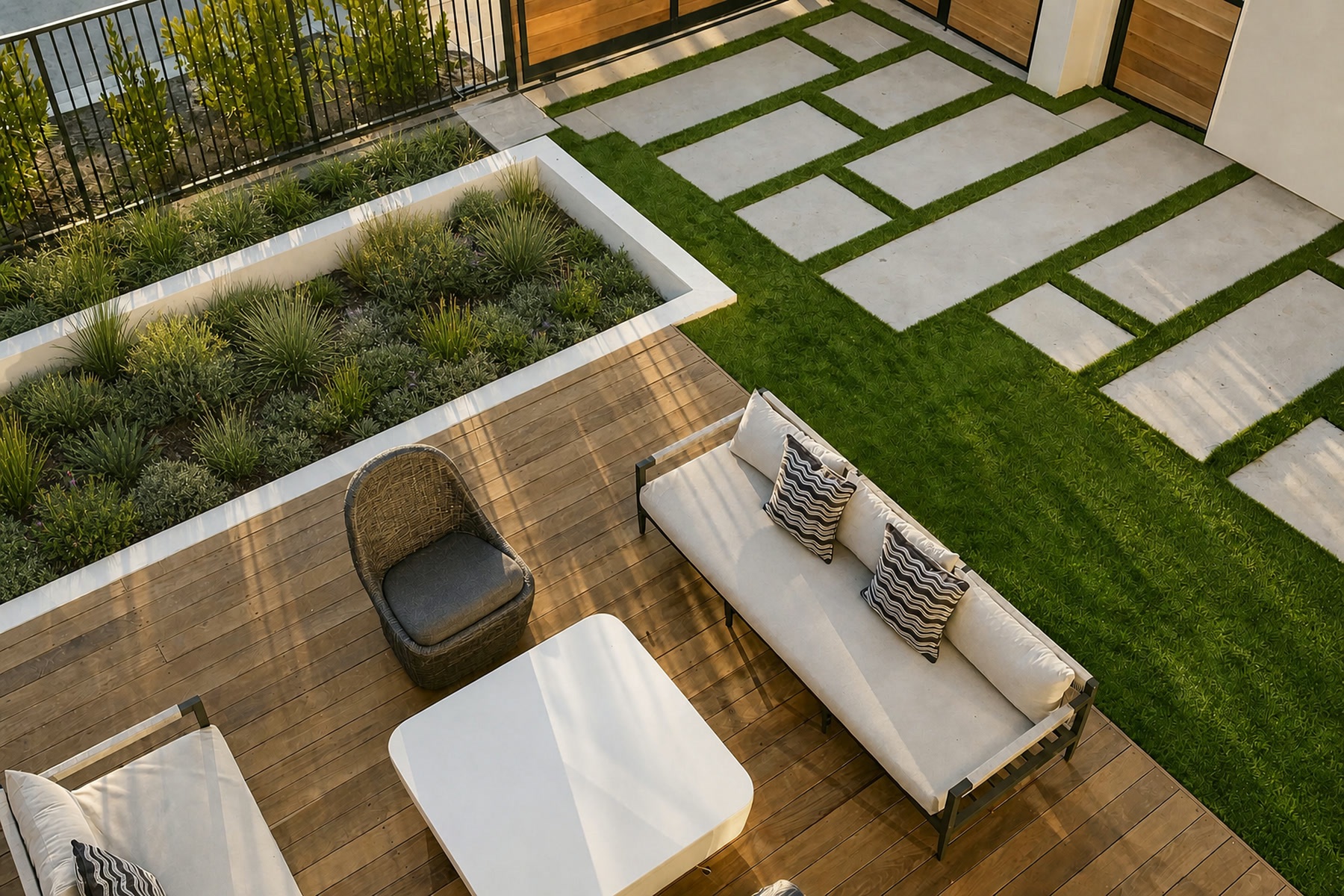 Overhead view of wood lounge deck, planters and turf with concrete pavers in Corona del Mar, CA