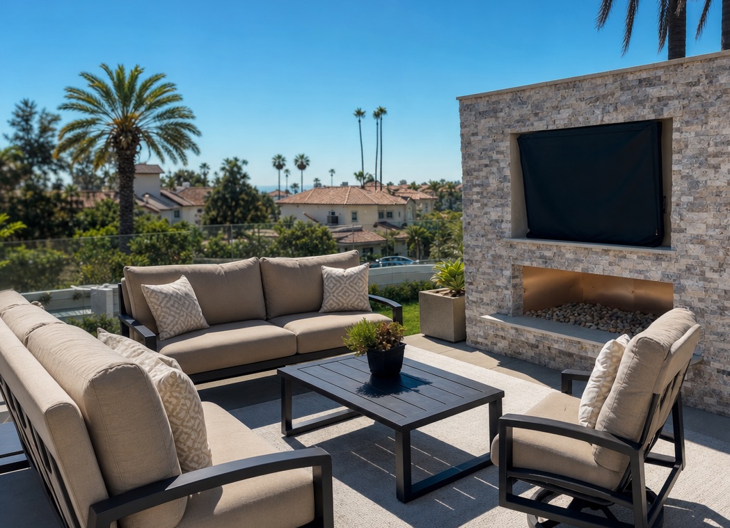 Outdoor lounge with stacked-stone fireplace wall, TV and ocean views in Laguna Niguel, CA