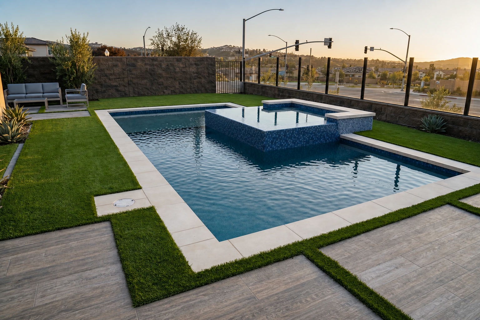 Geometric pool with raised glass-tile spa, turf and paver deck at golden hour in Portola Hills, CA