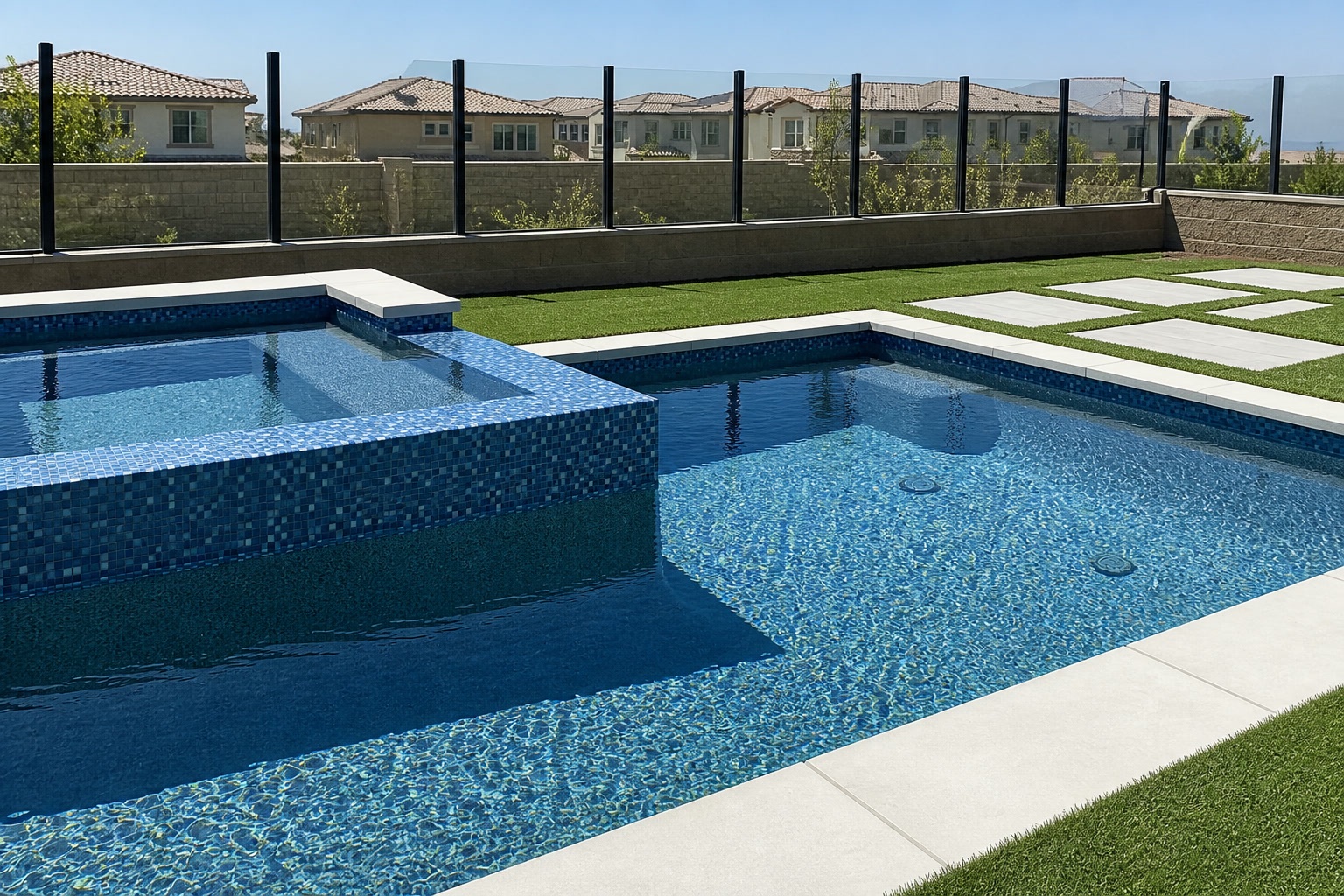 Pool and raised spa with steps, glass fencing and paver pads set in turf in Portola Hills, CA