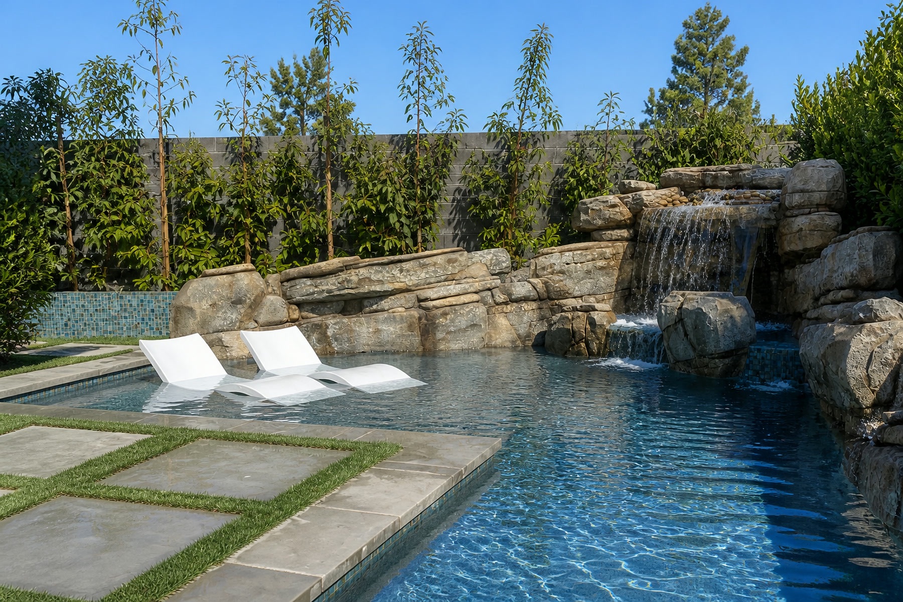 Pool with rock waterfall grotto and in-water loungers on Baja shelf in Rancho Mission Viejo, CA