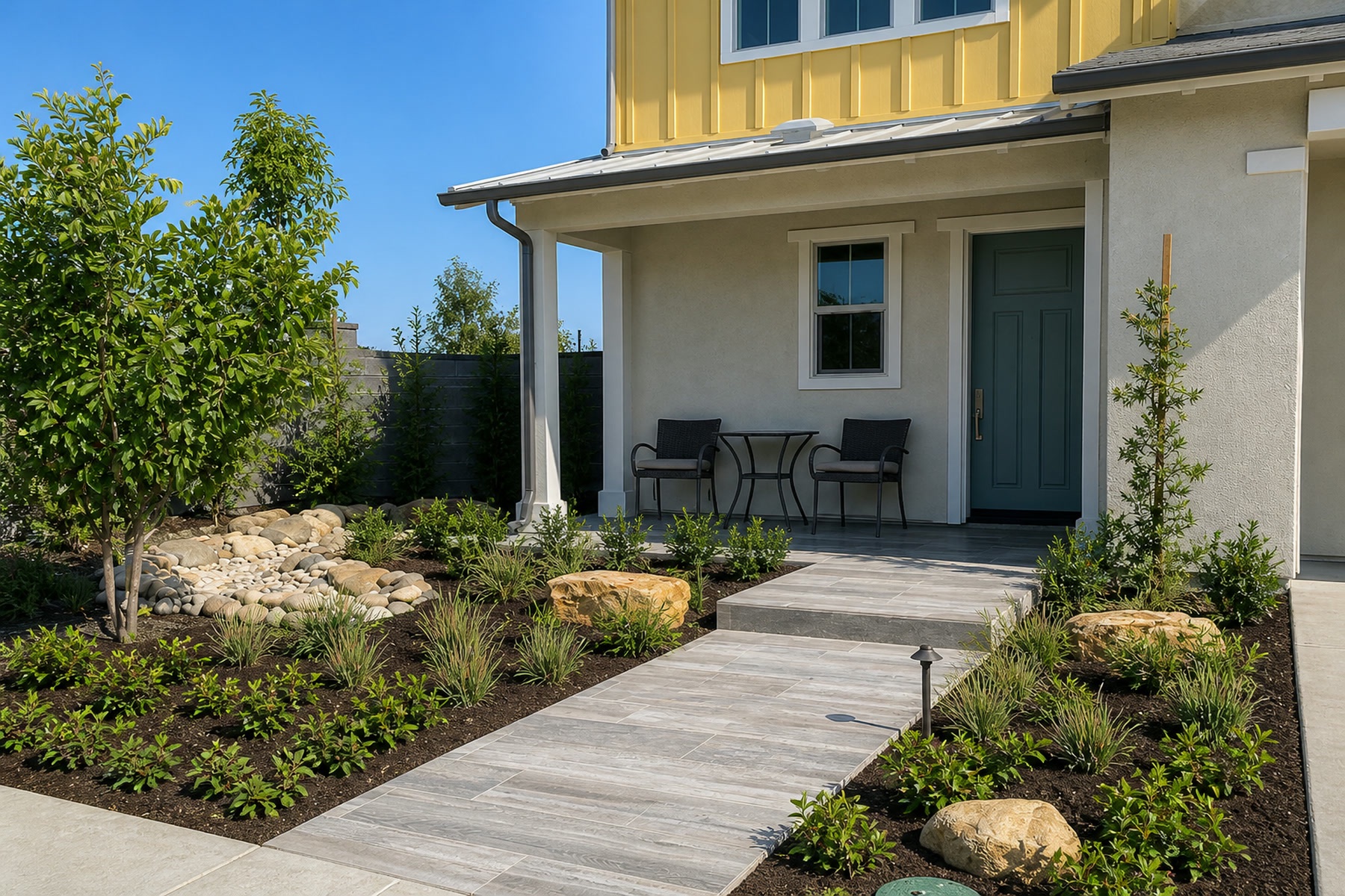 Front entry landscape with drought-tolerant planting, boulders and tile walkway in Rancho Mission Viejo, CA