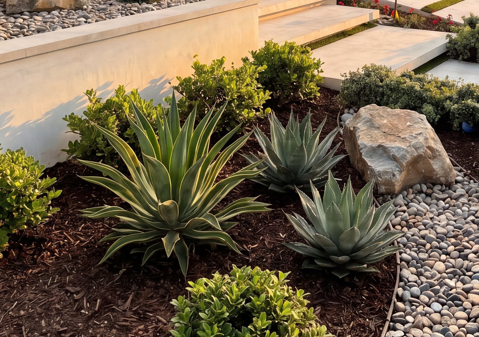 Agaves and layered planting in dark mulch with a pebble border along concrete steps in a Rienda front yard