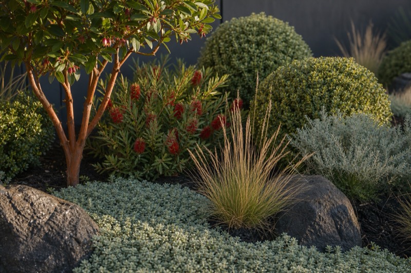 Mercantile design inspiration: structured evergreen forms softened with ornamental grasses