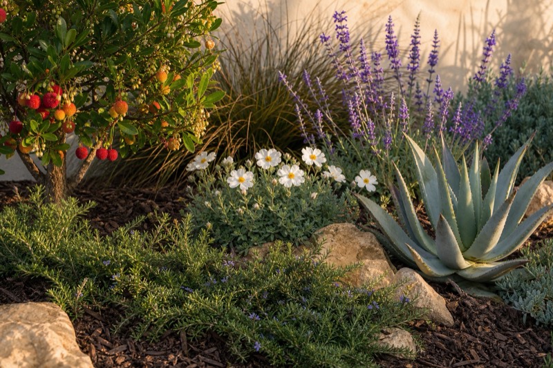 Progressive Spanish design inspiration: sculptural succulents, flowering accents, and warm natural stone