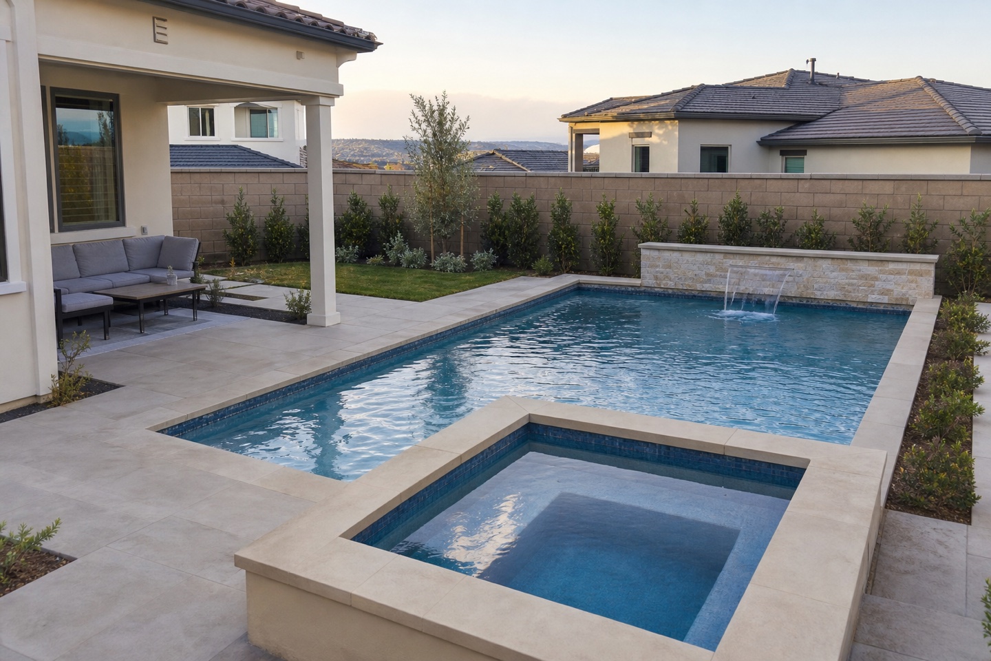 New gunite pool and raised spa with sheer descent built by Pacific Poolscapes in Rancho Mission Viejo, CA
