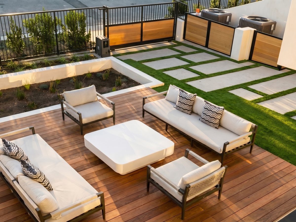 Outdoor living space with wood deck and lounge seating