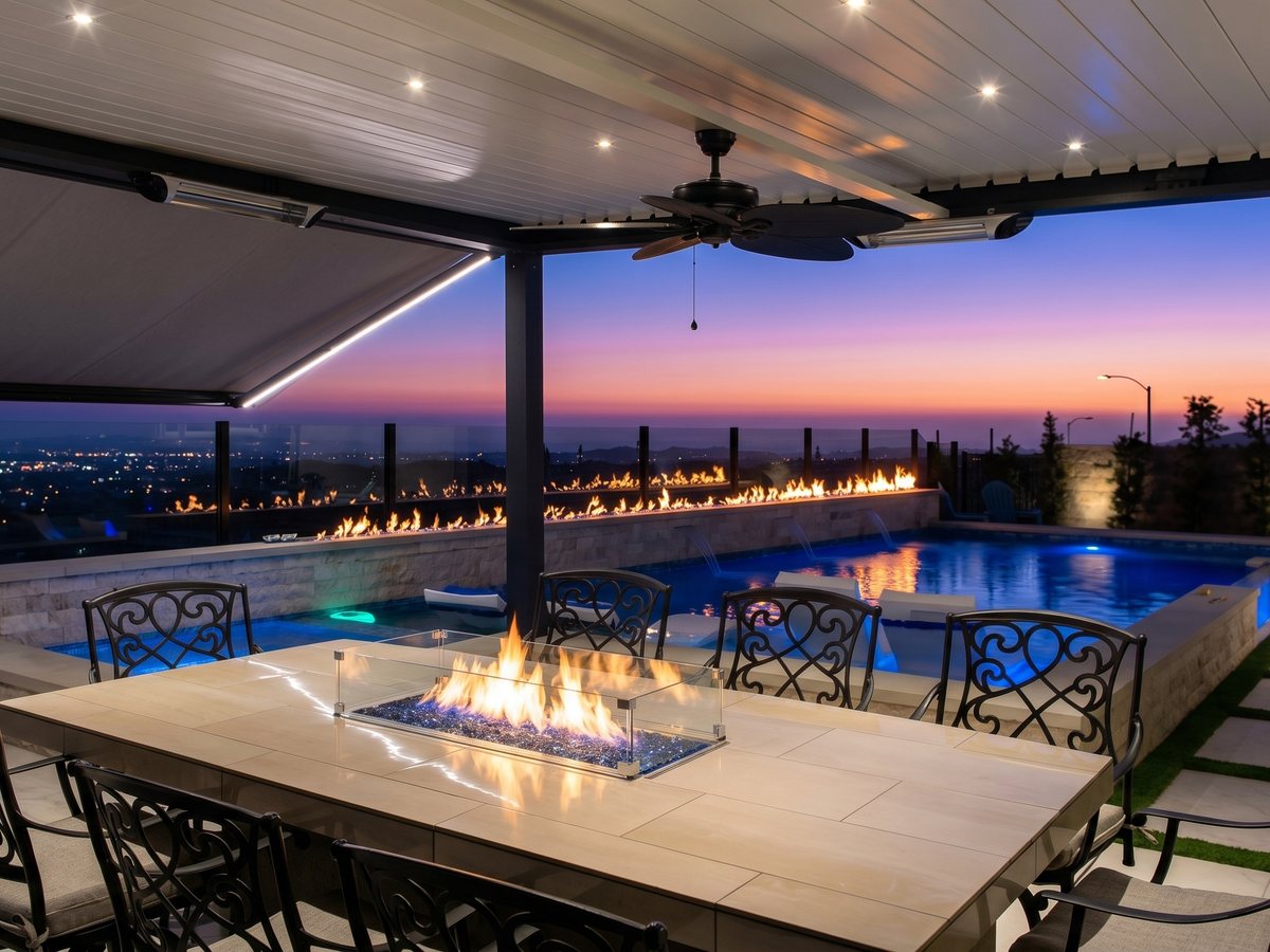 Covered outdoor dining room with fire table beside the pool at sunset