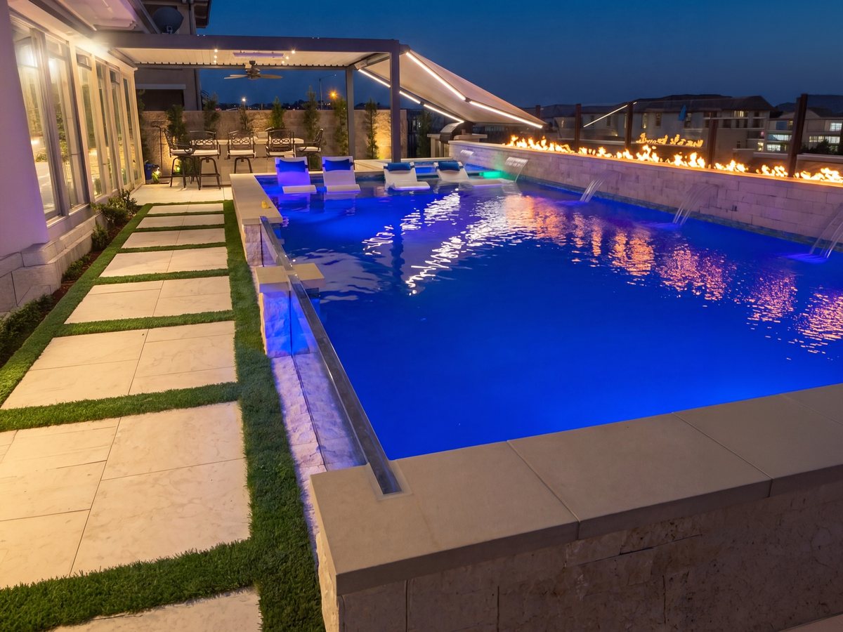 Remodeled pool with raised fire wall, pavers, and turf lit at night