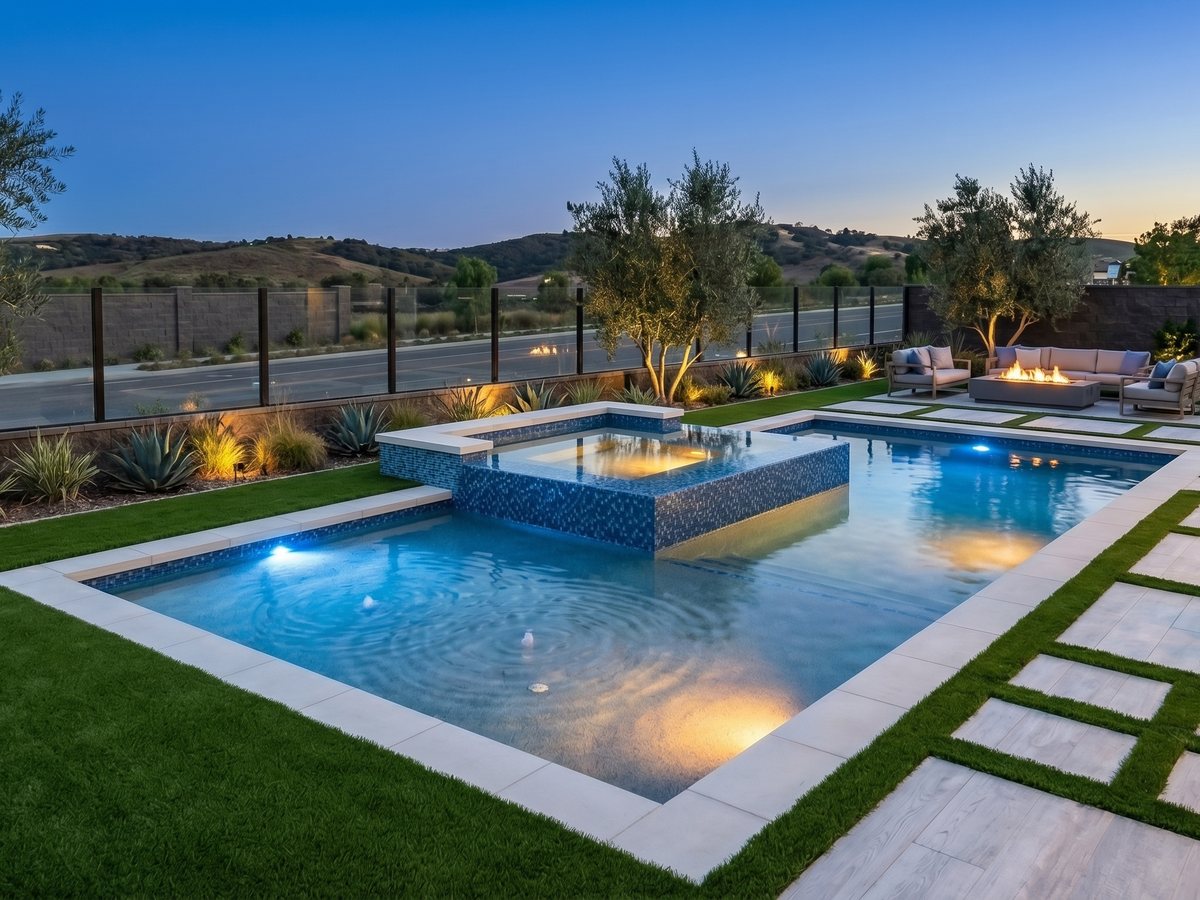 Renovated pool and spa overlooking the hills at sunset
