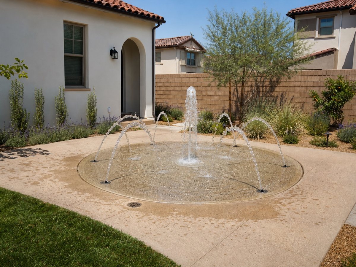 Round shallow splash pad basin with gentle arcing jets beside the house