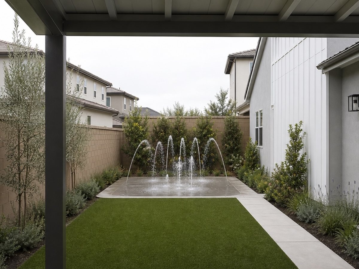 Compact splash pad with arcing jets on a narrow side yard turf strip