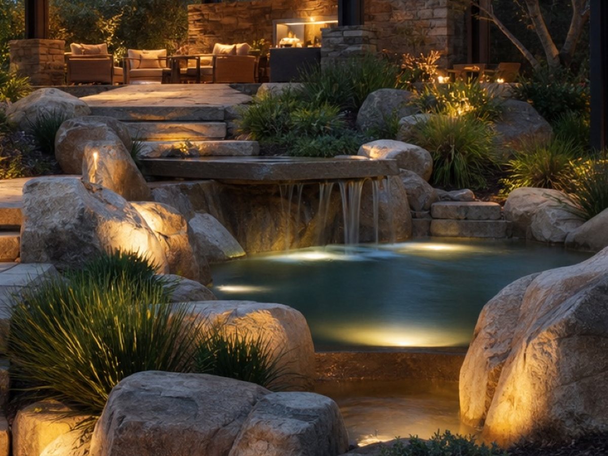 Hand-set rock waterfall spilling into a lit pond at dusk