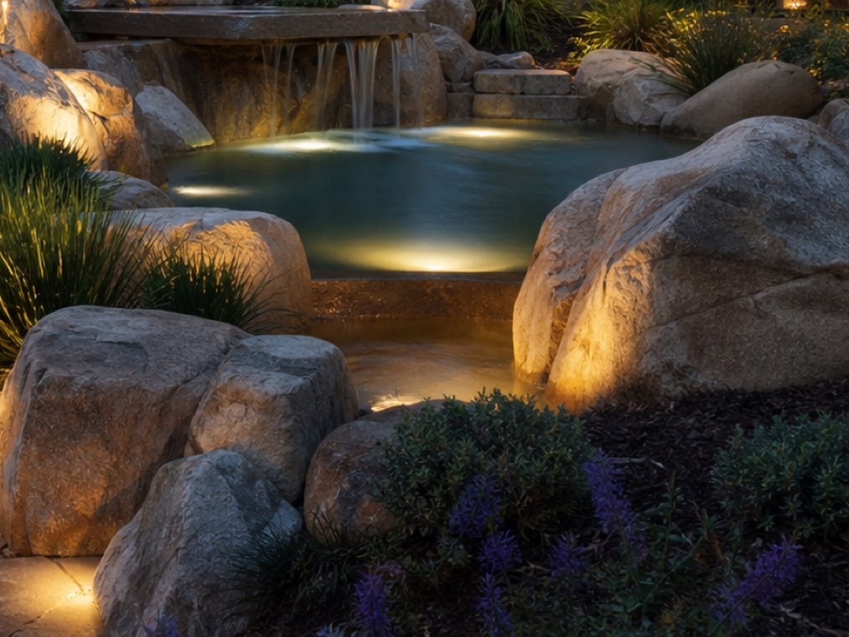 Boulder-edged pond glowing with underwater lighting at night