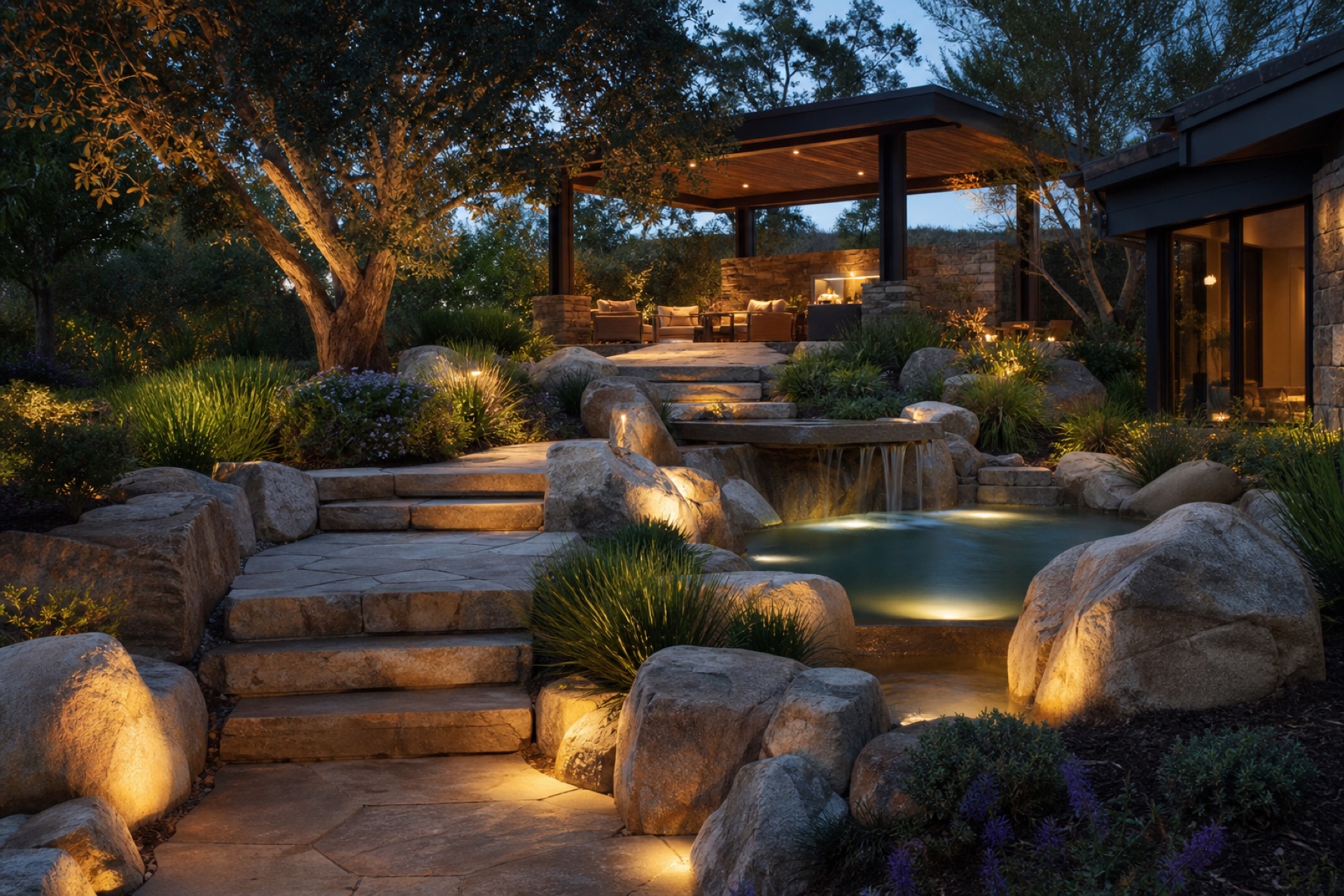 Natural rock waterfall and boulder-edged pond with stone steps and landscape lighting at dusk