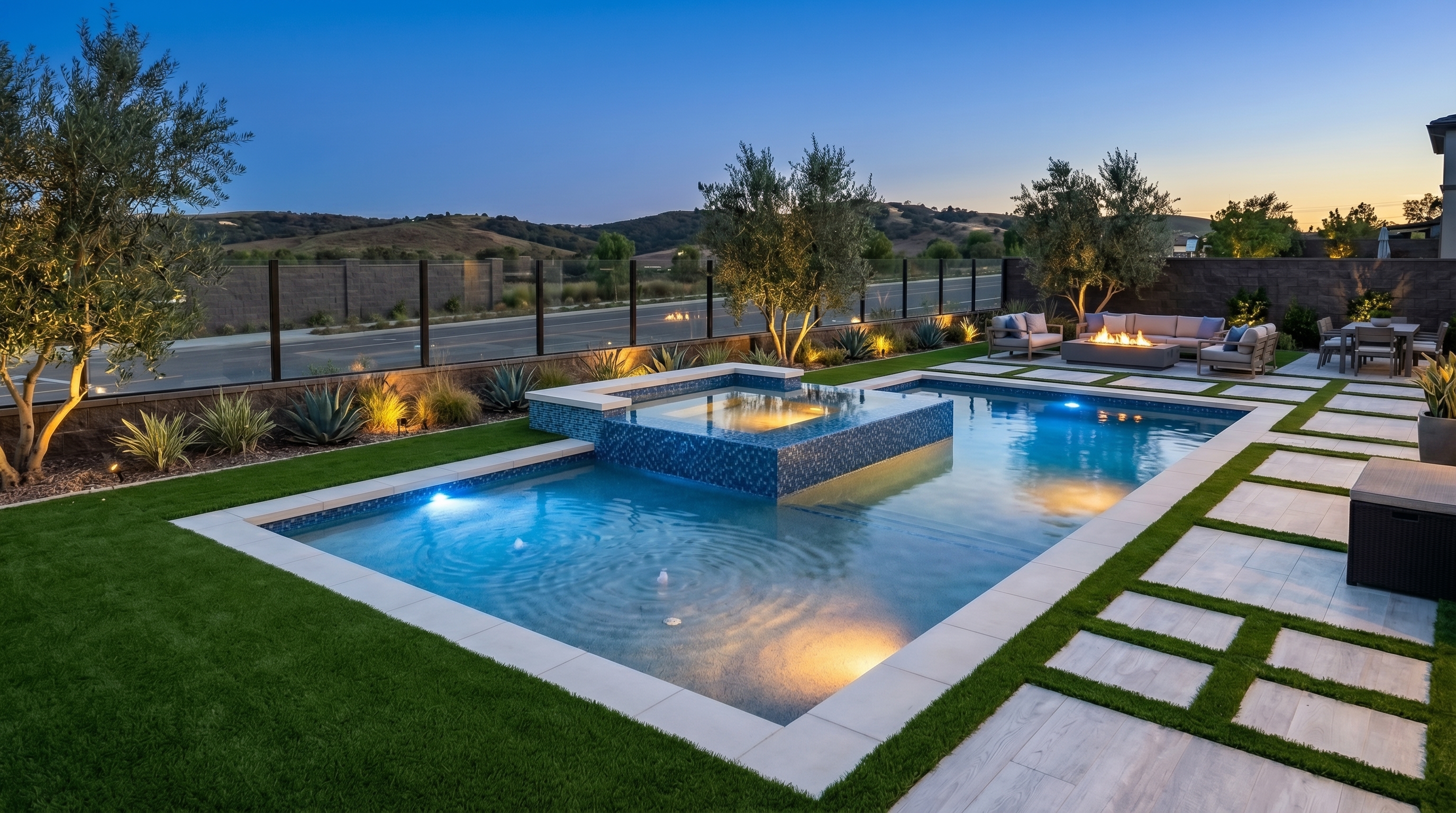 Pool and spa with hillside views