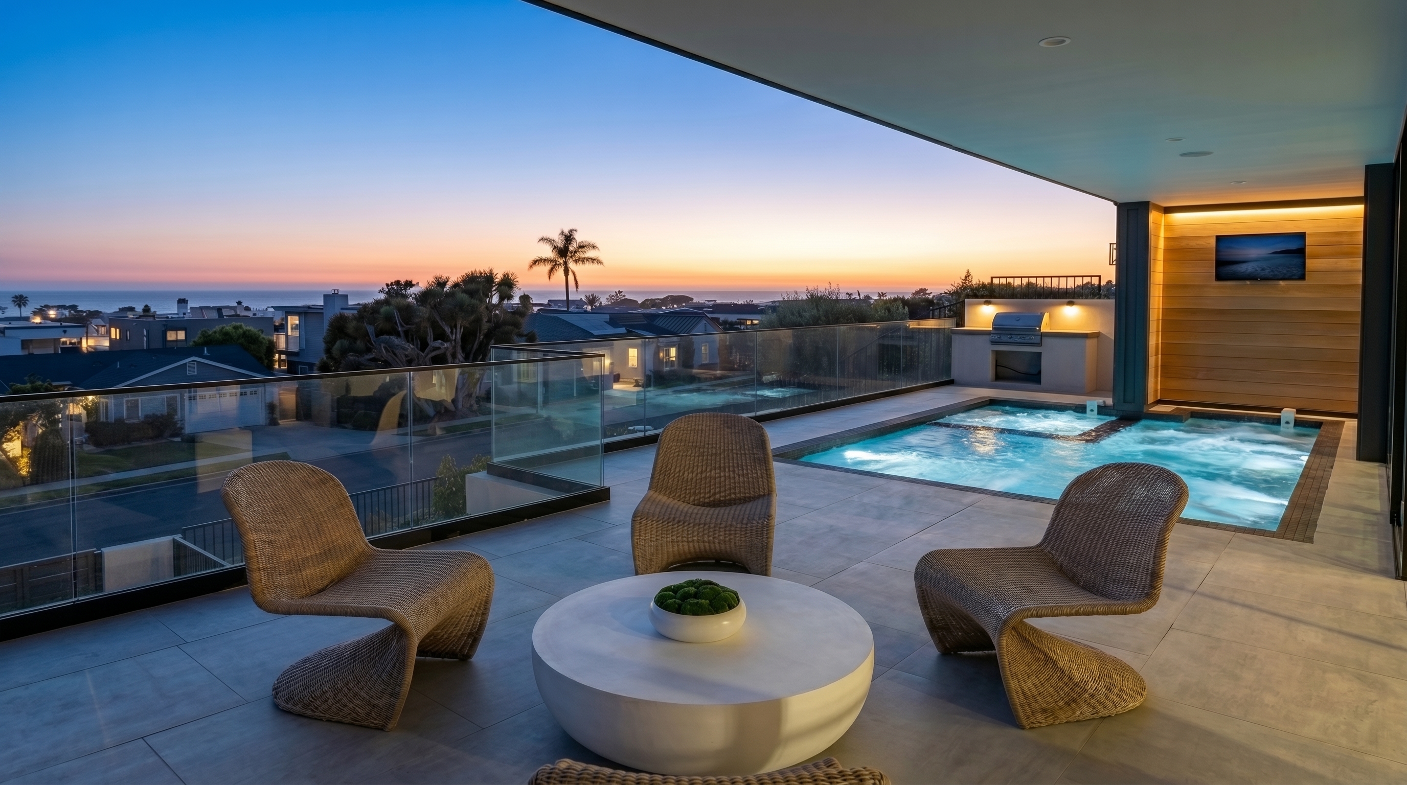 Rooftop spa lounge with ocean sunset view