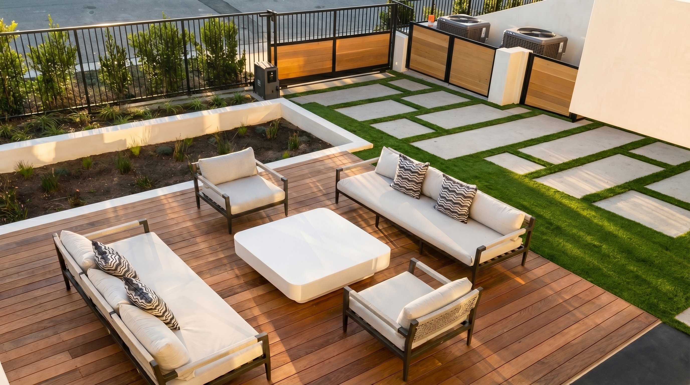 Modern outdoor living space with deck and lounge